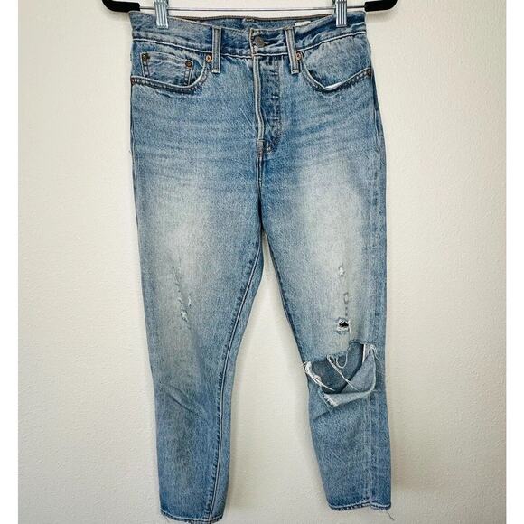 Levis White Oak Cone Denim Light Medium Wash Button Fly Distressed Slim Leg Jean - Picture 4 of 16